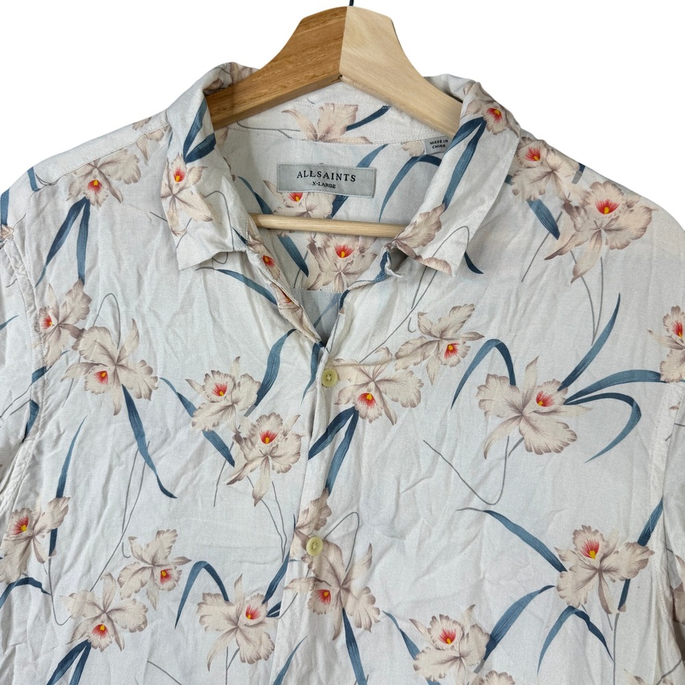 AllSaints Aaru SS Shirt Mens XL Off White Floral Viscose Button Up MS164J